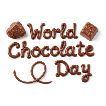 Celebrate World Chocolate Day with this delightful image featuring rich chocolate lettering spelling out the holiday and two delectable chocolate confections.の素材