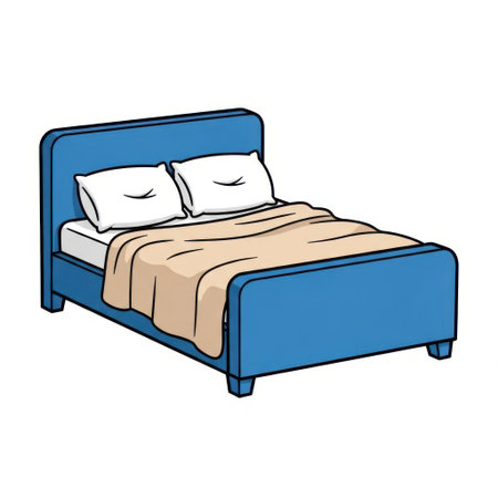 A comfortable blue bed with a headboard and footboard, adorned with two plump white pillows and a soft, inviting blanket, perfect for a peaceful night's sleep.の素材