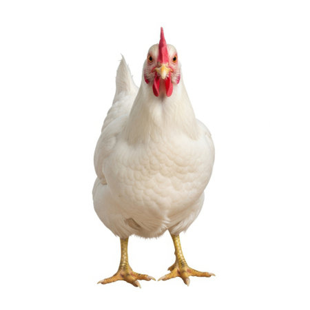 This image features a domestic white chicken in a full-body view. The bird is looking directly at the viewer with its mouth slightly ajar, showing its red comb and wattle.の素材