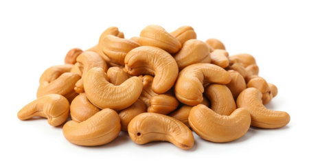 A generous pile of perfectly roasted cashews, showcasing their golden-brown color and satisfying texture. An ideal image for food blogs, recipes, or healthy snack advertising.の素材