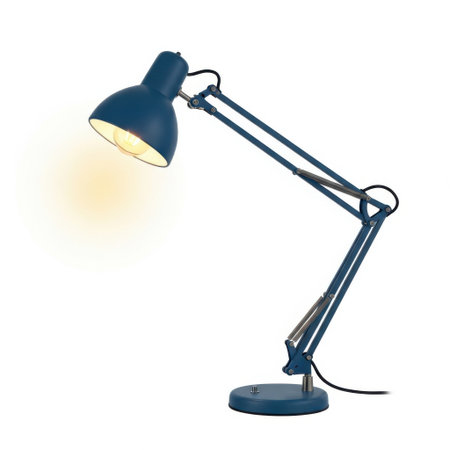 A modern, dark-colored articulated task lamp stands on its base, its flexible arm extended and its illuminated head casting a warm glow. Perfect for study or office spaces.の素材