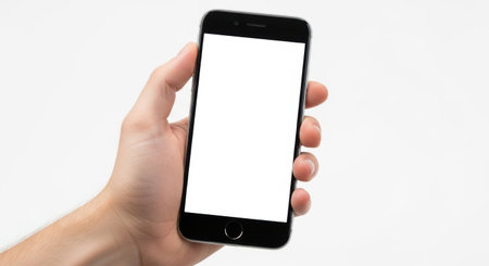A close-up shot of a hand holding a black smartphone with a clear, bright white screen. This image is perfect for showcasing mobile app designs, website mockups, or digital content.の素材
