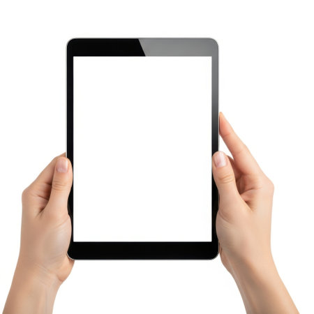 Two hands are holding a modern tablet device with a blank white screen. This image is perfect for showcasing apps websites or digital content creation on a portable device.の素材