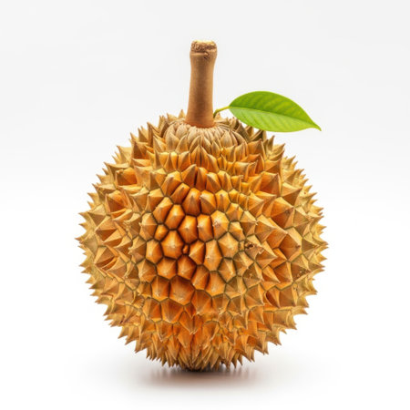 A whole durian fruit with its characteristic spiky exterior and a single green leaf. This exotic tropical fruit is known for its unique flavor and aroma, a true delicacy.の素材