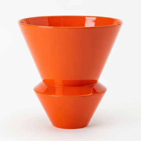 A striking orange glass vase with a distinctive hourglass silhouette. This contemporary piece adds a vibrant splash of color and sculptural elegance to any interior setting.の素材