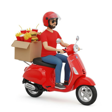 A cheerful delivery person rides a bright red scooter loaded with a large box of fast food and multiple drinks, symbolizing quick and efficient meal delivery services.の素材