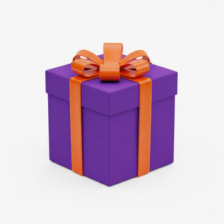 A stunning purple gift box adorned with a bold orange ribbon and a perfectly tied bow. This festive packaging evokes excitement and anticipation for any special occasion.の素材