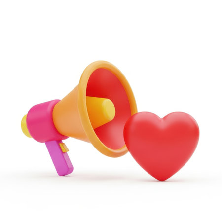 A vibrant megaphone, in orange and pink, emits a bold red heart, symbolizing the powerful spread of love, kindness, and positive communication.の素材