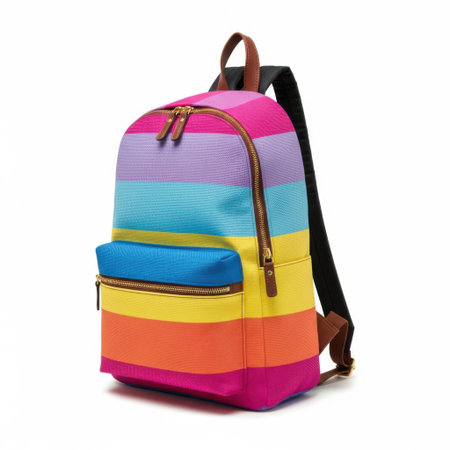 A colorful striped backpack featuring a cheerful rainbow pattern. This bag offers ample space for essentials, perfect for school, travel, or everyday adventures with its playful aesthetic.の素材