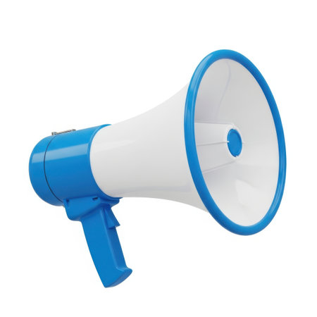 A vibrant blue and white megaphone is depicted, ready to broadcast announcements. Its design suggests clear and powerful sound projection for various public address needs.の素材