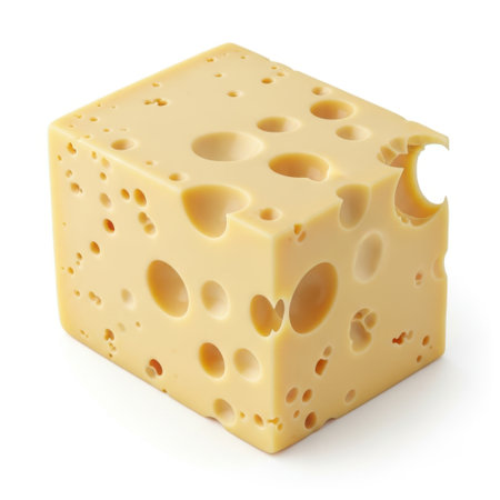 A close-up view of a perfectly cubed piece of Swiss cheese, showing its characteristic holes and creamy texture. Ideal for food blogs, recipes, or culinary presentations.の素材