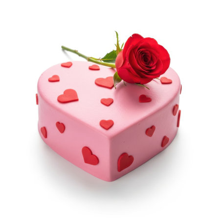 A charming pink heart-shaped cake, perfect for celebrations. Features delicate heart adornments and a vibrant red rose on top, ideal for expressing love and joy.の素材