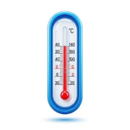 A detailed close-up of a blue oval thermometer showing a red liquid column indicating a temperature reading. This graphic is ideal for weather or medical contexts.の素材