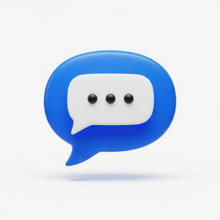 A stylized blue speech bubble features a white inner bubble with three black dots, symbolizing ongoing communication, chat, and the act of messaging for digital platforms.の素材