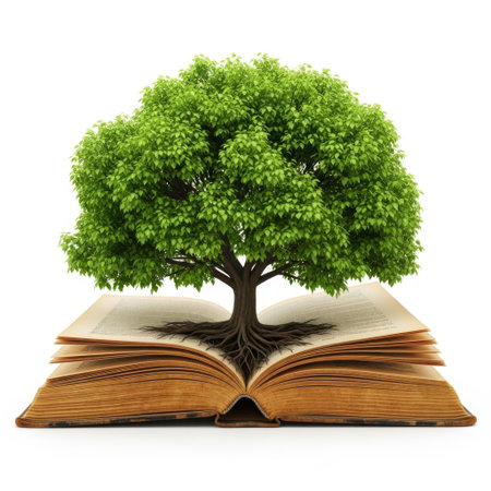 A vibrant green tree emerges from the pages of an antique open book, representing the growth of knowledge, learning, and the wisdom gained from reading.の素材
