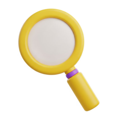 A playful 3D render of a yellow magnifying glass with a vibrant purple handle, symbolizing exploration, investigation, and detailed examination for various digital or print applications.の素材