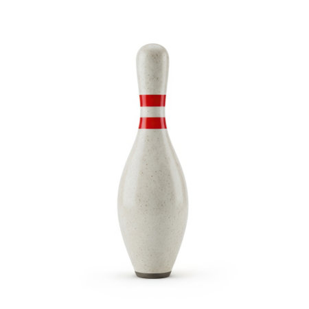 A classic bowling pin, gleaming and ready for action. This image captures the essence of the sport, perfect for sports-themed content and designs.の素材