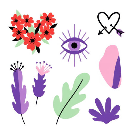 A diverse collection of colorful and playful graphic elements perfect for digital design or print. Includes stylized flowers, a mystic eye, a heart with arrows, and abstract organic shapes.の素材