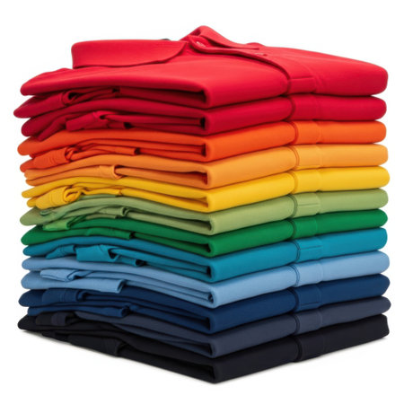 A neatly stacked collection of folded polo shirts displaying a stunning array of colors, transitioning smoothly from deep red to black, creating a visual spectrum of apparel options.の素材
