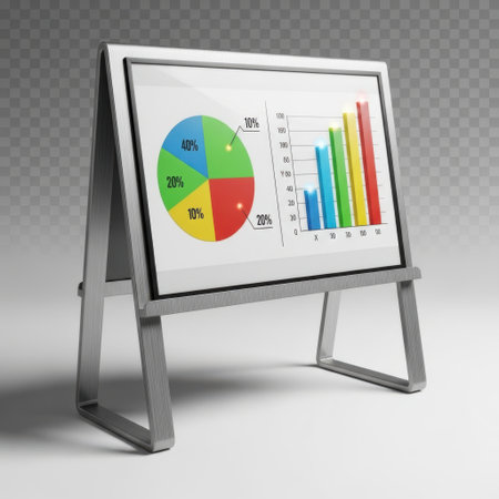 The image depicts a digital display screen mounted on a stand, showing various data charts. The screen features a pie chart and a bar graph. The pie chart is divided into five colored segments representing different percentages: blue (40%), green (20%), red (20%), yellow (10%), and orange (10%). The bar graph displays data with increasing values, represented by different colors: blue, green, yellow, and red. The display is sleek and modern, suitable for business or educational settings.の素材