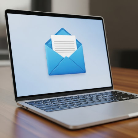 The image depicts a laptop screen displaying a blue envelope icon with a white letter inside. The laptop is open and angled slightly to the right, showing the screen clearly. The envelope symbol typically represents email or messaging applications.の素材