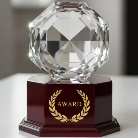 This image features an elegant crystal award trophy. The trophy has a large, faceted crystal ball sitting atop a dark wooden base. The base is adorned with a gold laurel wreath and the word 'AWARD' inscribed in the center. The crystal reflects light, giving it a sparkling appearance, and the overall design exudes a sense of prestige and achievement.の素材