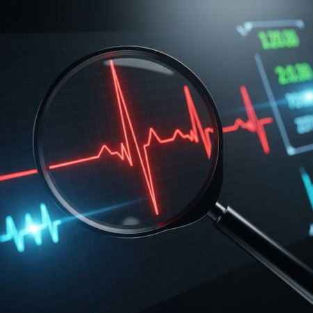 A magnifying glass is used to closely examine a red heartbeat graph, highlighting the intricate details of the heart's electrical activity. The graph displays the characteristic peaks and troughs of a cardiac rhythm, suggesting a focus on medical analysis or health monitoring.の素材
