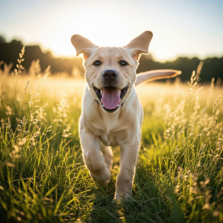 A joyful dog with a yellowish coat is captured mid-air, leaping to catch a frisbee in its mouth. The dog's ears are perked up, and its tongue is out, showing excitement and playfulness. The background is plain white, putting the focus entirely on the dog and its activity.の素材