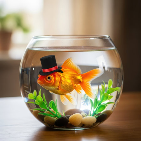 A goldfish swimming in a round glass bowl, adorned with a tiny top hat and a red ribbon around its head. The bowl contains green aquatic plants and decorative pebbles at the bottom.の素材