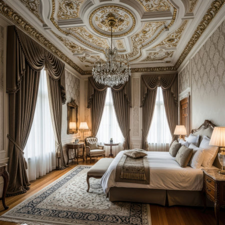 The image depicts a serene and inviting bedroom featuring a large bed with neutral-toned bedding. The bed is adorned with multiple pillows in shades of beige and gray, creating a calming atmosphere. A wooden nightstand with a lamp is placed on one side of the bed, adding a touch of warmth to the room. The overall decor exudes a sense of comfort and tranquility, making it an ideal space for relaxation.の素材