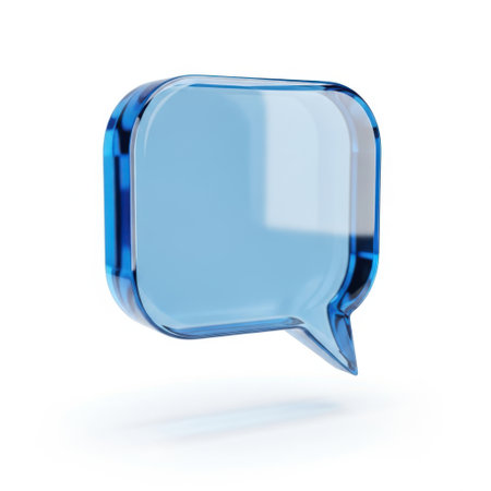 A 3D rendered image of a blue speech bubble icon. The speech bubble is transparent with a shiny, reflective surface, giving it a sleek and modern appearance. It is isolated against a white background, making the blue color stand out prominently.の素材