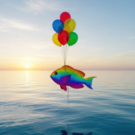 A vibrant fish with a rainbow gradient of colors is depicted floating in the air, holding a bunch of colorful balloons. The balloons are in various bright colors including red, blue, yellow, and green. The fish appears to be joyful and whimsical, creating a playful and festive atmosphere.の素材