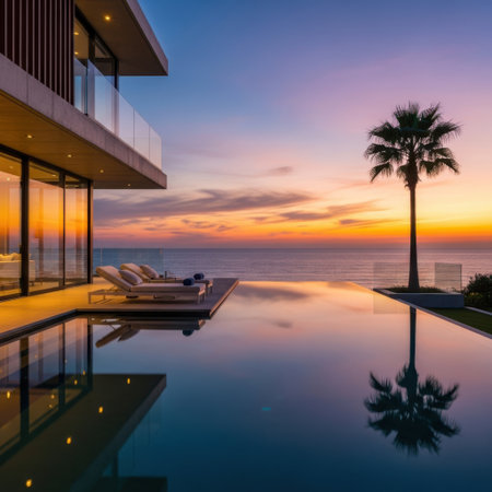 A sleek, modern villa with expansive glass windows and a balcony overlooks a serene infinity pool. The pool mirrors the vibrant hues of the setting sun, creating a picturesque scene. A tall palm tree stands elegantly by the poolside, adding to the tropical ambiance. The horizon displays a stunning sunset, casting a warm glow over the entire scene.の素材