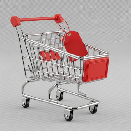 A red shopping cart with a price tag attached to the handle. The cart has a metallic frame and four wheels, designed for easy maneuverability in a retail store. The price tag is prominently displayed, indicating the availability for purchase.の素材