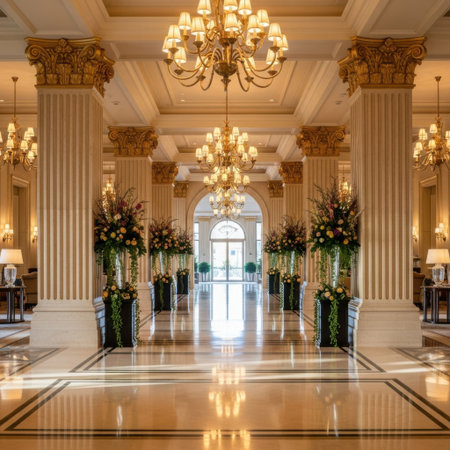 The image showcases a grand ballroom adorned with luxurious and ornate decorations. The room features tall white columns, intricate gold detailing, and elegant chandeliers hanging from the ceiling. Tall floral arrangements with greenery and flowers decorate the space, adding a touch of natural beauty. The polished marble floor reflects the light, enhancing the opulence of the room.の素材