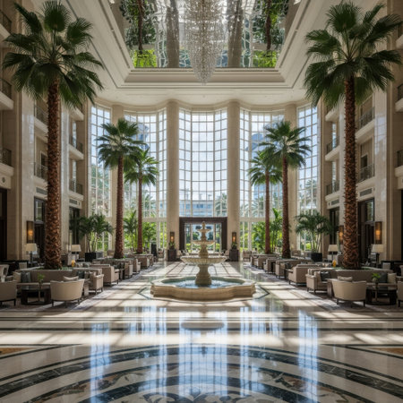 This image depicts a luxurious indoor atrium featuring tall palm trees and a central fountain. The space is adorned with marble flooring and surrounded by large windows, allowing natural light to flood the area. The decor includes plush seating arrangements and a sophisticated ambiance, suggesting a high-end hotel or resort setting.の素材