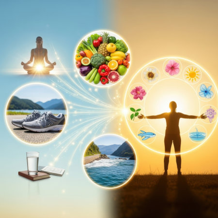 This image depicts various elements of a holistic wellness lifestyle. It includes meditation, healthy eating, exercise, hydration, and connection with nature. The central figure represents a balanced and healthy individual, surrounded by symbols of well-being.の素材