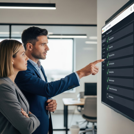 A man and a woman in business attire are standing side by side, looking forward with the man pointing ahead. They appear to be in a professional setting, possibly discussing a plan or strategy.の素材
