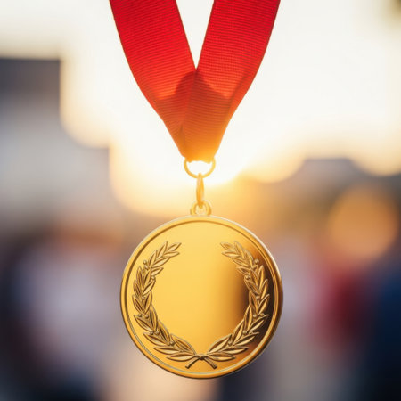 This image features a golden medal hanging from a vibrant red ribbon. The medal itself is circular and adorned with a detailed laurel wreath at its center. The ribbon is attached to the top of the medal with a small ring, creating a classic and elegant look. This type of medal is often associated with achievements and victories in various fields, such as sports, academics, and arts.の素材