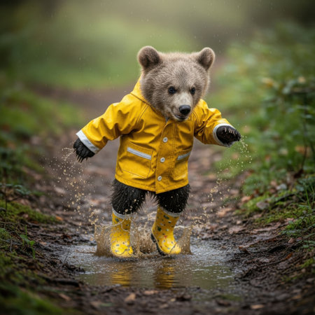 A cute bear wearing a bright yellow raincoat and matching rain boots is captured mid-step, splashing water around. The bear appears to be enjoying a rainy day, with water droplets visible around its feet.の素材