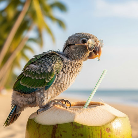 A colorful parrot wearing sunglasses is perched on a halved coconut, drinking through a straw. The parrot's vibrant feathers contrast with the green coconut and white background, creating a playful and refreshing scene.の素材