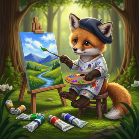 A charming illustration of a fox wearing a beret and an artist's smock, sitting on a stool and painting a beautiful landscape on an easel. The fox is surrounded by various tubes of paint and a palette with vibrant colors. The landscape features a river, green hills, and a blue sky with fluffy clouds.の素材