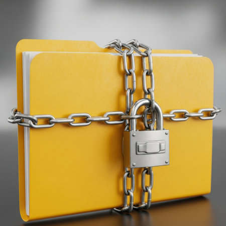The image depicts a yellow folder bound by a chain and secured with a padlock. This symbolizes data protection and security measures. The folder appears to be locked, indicating that the contents are confidential and restricted from unauthorized access.の素材