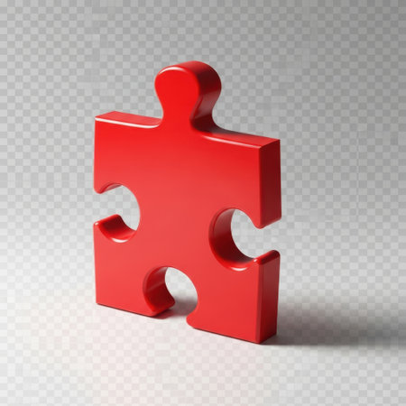 This image features a single, vibrant red puzzle piece. The piece is depicted in a three-dimensional perspective, showing its smooth, glossy surface and distinct interlocking tabs and slots. The puzzle piece is isolated against a plain white background, emphasizing its bold color and intricate design.の素材