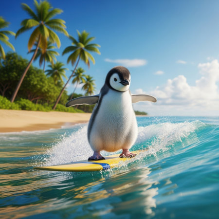 A cute penguin standing on a yellow surfboard with its wings spread, appearing as if it is surfing. The penguin has a white body with black and gray markings on its head and wings.の素材