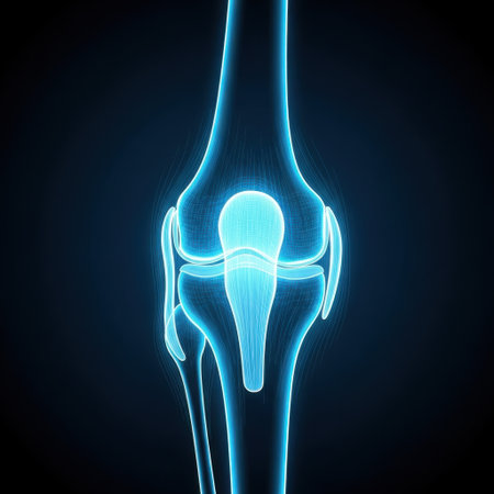 This image depicts a detailed anatomical illustration of a human knee joint. The illustration highlights the bones, ligaments, and other structures within the knee, providing a clear view of the joint's complex anatomy. The bones are shown in a light blue color, with the surrounding ligaments and tissues in a slightly darker shade, emphasizing the intricate connections and support mechanisms within the knee.の素材