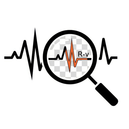The image depicts a magnified view of a heartbeat waveform under a magnifying glass. The waveform highlights the Rv segment, which is crucial in electrocardiogram (ECG) readings for diagnosing heart conditions. The magnifying glass emphasizes the importance of detailed examination in medical diagnostics.の素材
