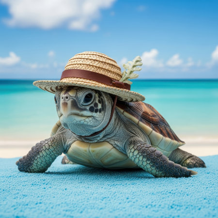 A detailed sculpture of a sea turtle wearing a straw hat with a ribbon around it. The turtle appears to be in a relaxed pose, with its front flippers resting on the ground and its head slightly tilted upwards. The sculpture captures the intricate details of the turtle's shell and skin texture.の素材