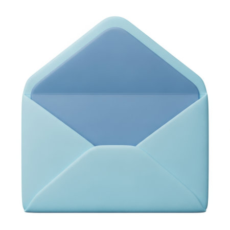An image of an open envelope with a light blue exterior and a dark blue interior. The envelope is empty and stands upright against a white background.の素材