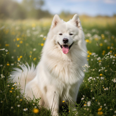 A white Samoyed dog is sitting in a grassy field, looking happy and content. The dog has a thick, fluffy coat and is smiling with its tongue out, surrounded by green grass and small yellow flowers.の素材